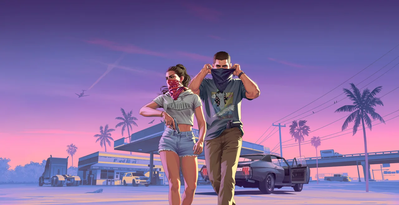 Official Grand Theft Auto VI artwork featuring Jason and Lucia in Vice City