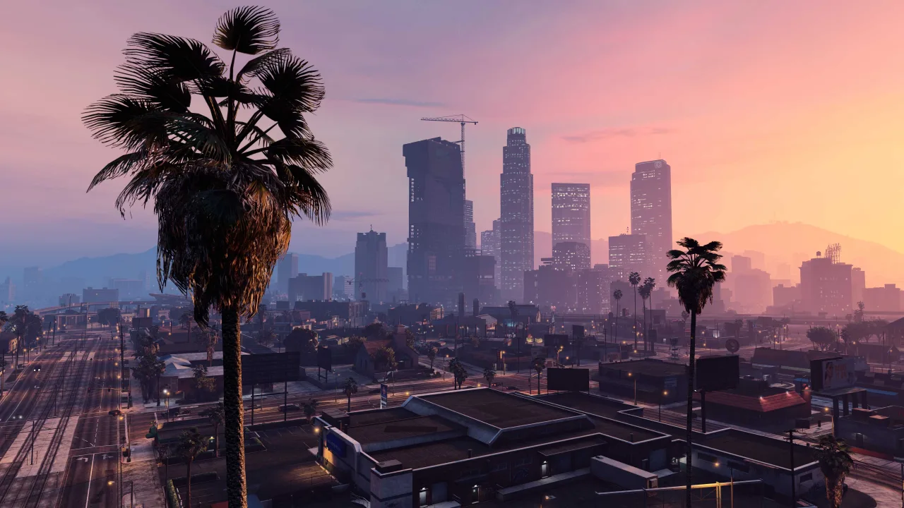 Los Santos skyline at sunset in Grand Theft Auto V