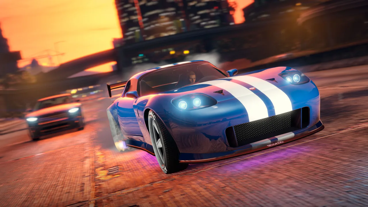A blue sports car in a police pursuit in Grand Theft Auto V