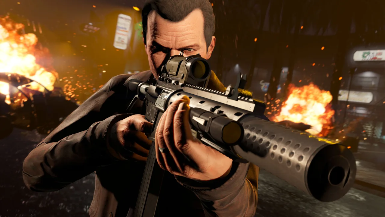 Michael aims a rifle amid explosions in Grand Theft Auto V