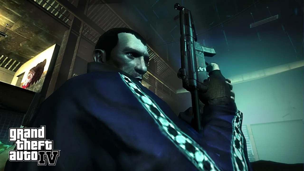Niko Bellic holding a submachine gun during an indoor shootout