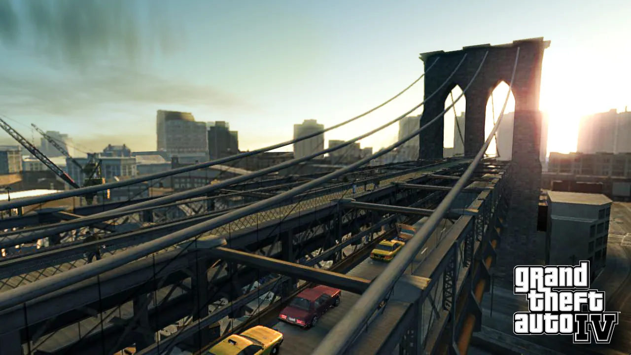 Traffic crossing the Algonquin Bridge in Liberty City at sunset