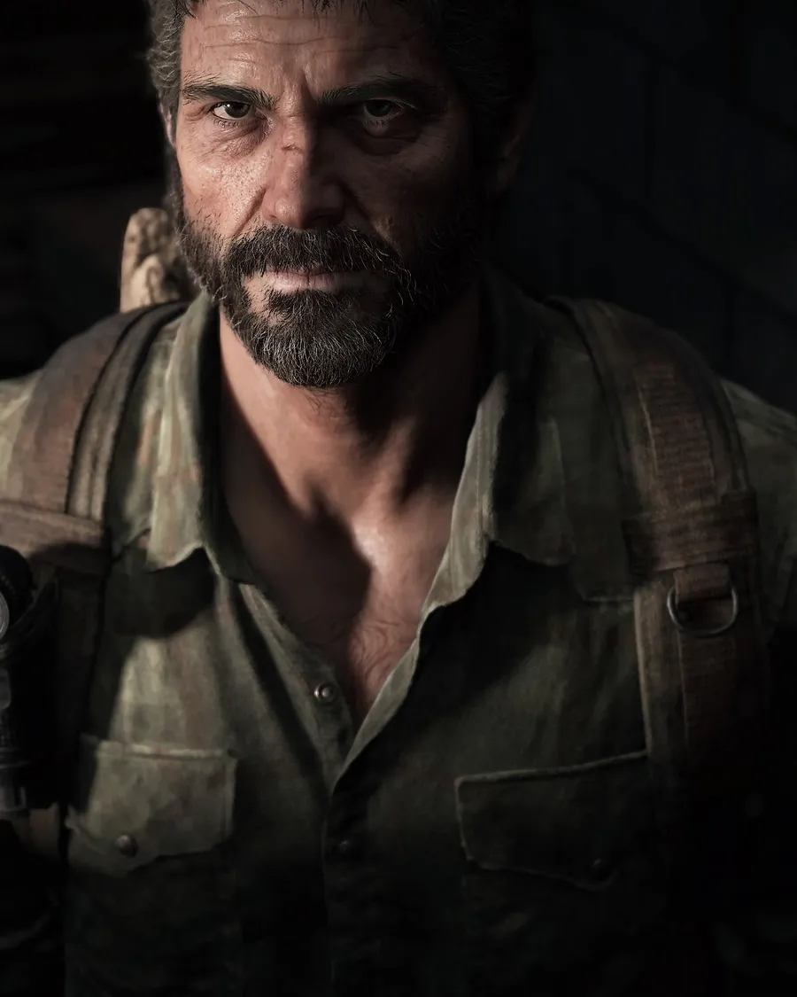 Portrait of Joel Miller looking toward the camera in an official The Last of Us Part I Photo Mode image