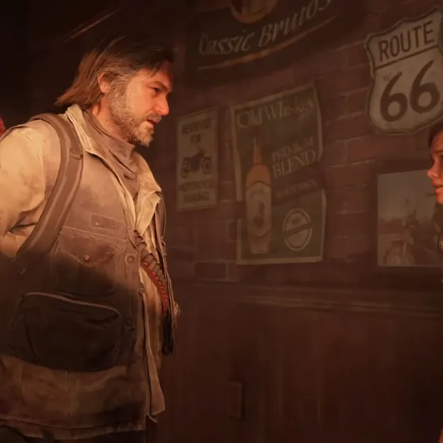 Bill talking with Ellie inside a bar in The Last of Us Part I