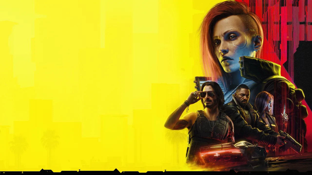 Cyberpunk 2077 panoramic key art featuring V and Johnny Silverhand overlooking Night City